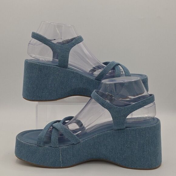 Steve Madden Becca Denim Fabric Platform Sandals Wedges Strappy Womens Sz 10 EUC - Picture 2 of 9